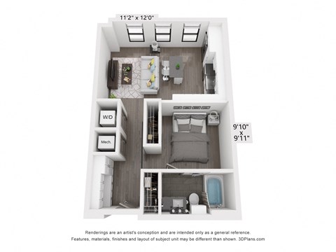 a stylized floor plan with a bedroom and a living room